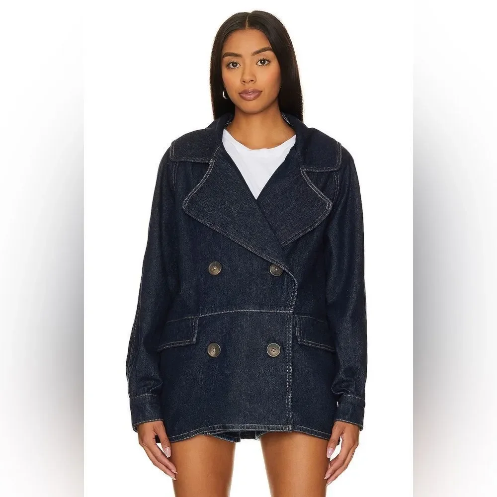 NWOT Free People Denim Car Coat in Rinse Wash Blue Oversized Sz XS 100% cotton